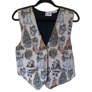 MLNY‎ Vintage Christmas Vest Santa Snowman Tapestry Holiday Waistcoat Medium